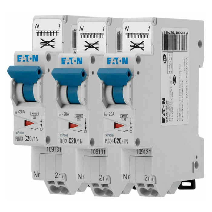 Lot de 3 disjoncteurs auto 20A PLG, Ph+N, borne à ressort, 4,5kA (EN 60898) courbe C - EATON