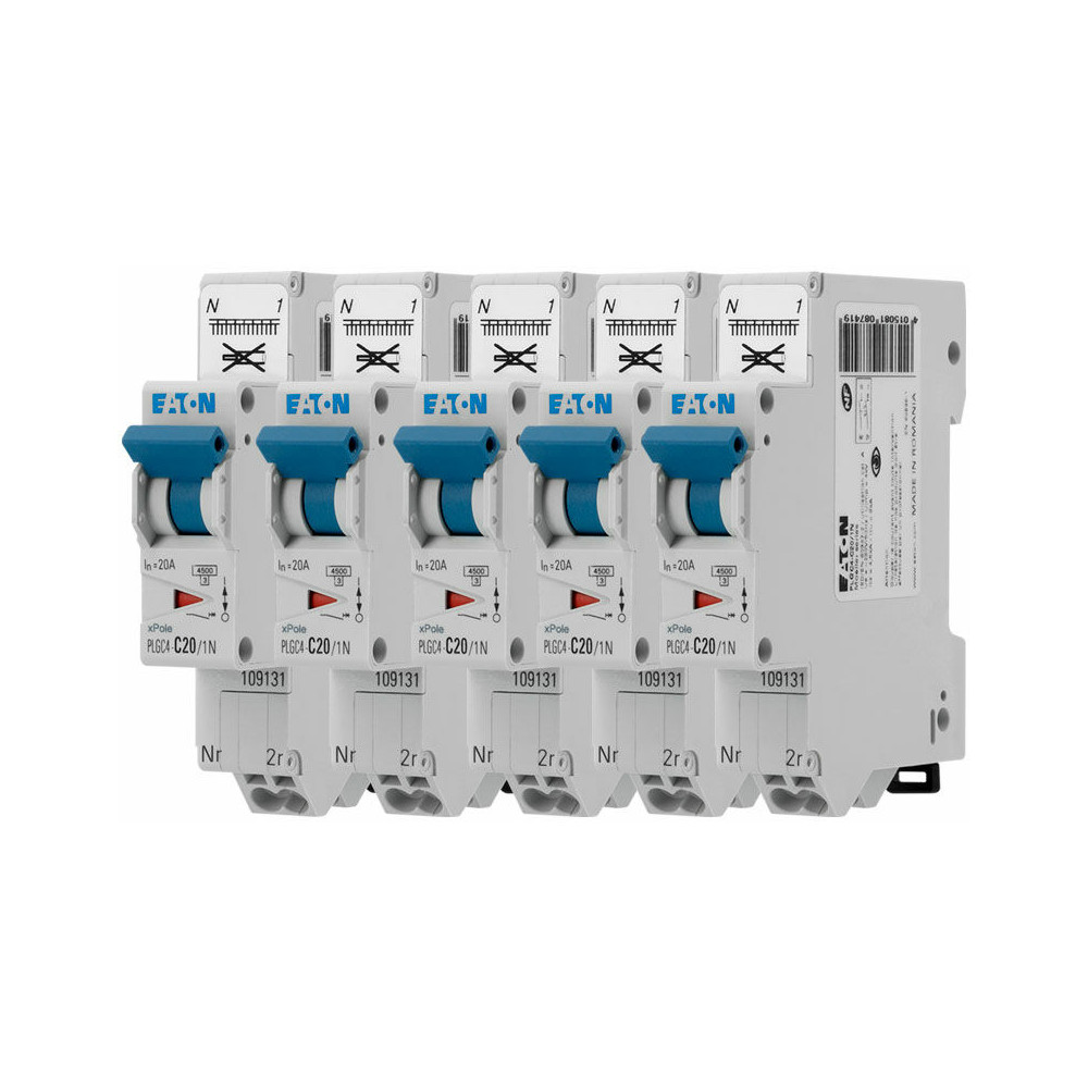 Eaton - Lot de 5 disjoncteurs auto 20A plg, Ph+N, borne à ressort, 4,5kA (en 60898) courbe c