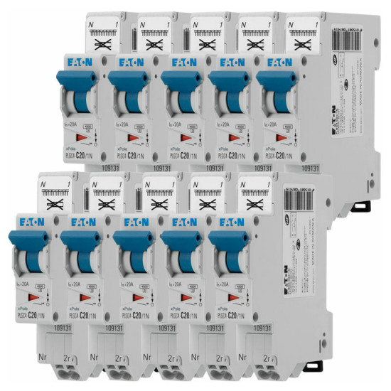 Eaton - Lot de 10 disjoncteurs auto 20A plg, Ph+N, borne à ressort, 4,5kA (en 60898) courbe c