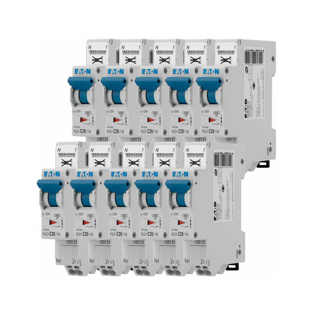 Eaton - Lot de 10 disjoncteurs auto 20A plg, Ph+N, borne à ressort, 4,5kA (en 60898) courbe c