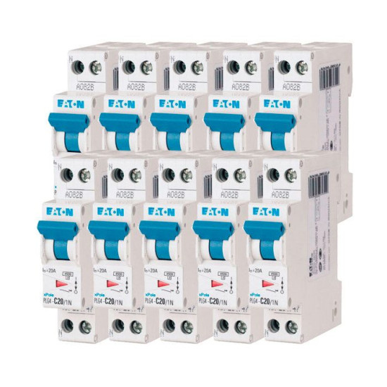 Lot de 10 disjoncteurs 20A PLG Ph+N 45kA (EN 60898) courbe C