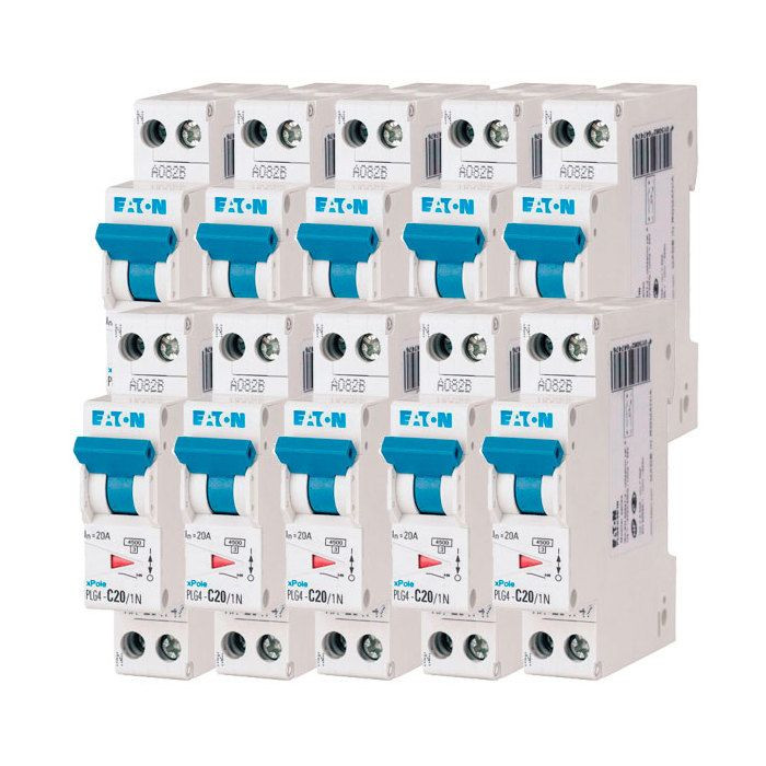 Lot de 10 disjoncteurs 20A PLG Ph+N 45kA (EN 60898) courbe C