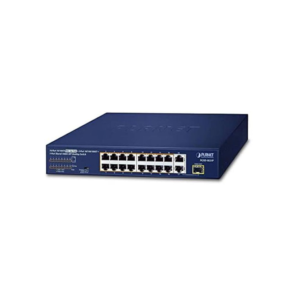 Switch PoE+ 16 Ports - PLANET - FGSD-1821P - 185W - 2 Ports Gigabit - Rackable 1U