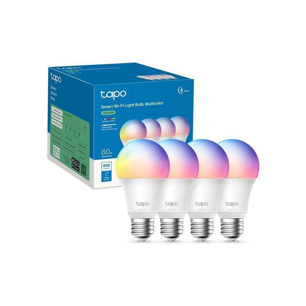 Tapo Ampoule Connectée WiFi E27 Multicolore - Tapo L530E(4-pack) - 2500K-6500K Dimmable 8.7 W 806Lm Alexa et Google Home