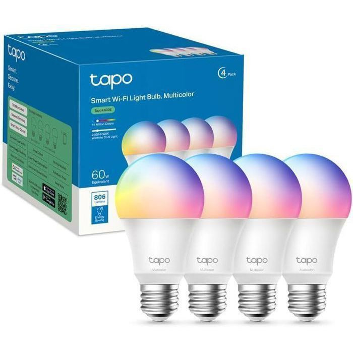 Tapo Ampoule Connectée WiFi E27 Multicolore - Tapo L530E(4-pack) - 2500K-6500K Dimmable 8.7 W 806Lm Alexa et Google Home