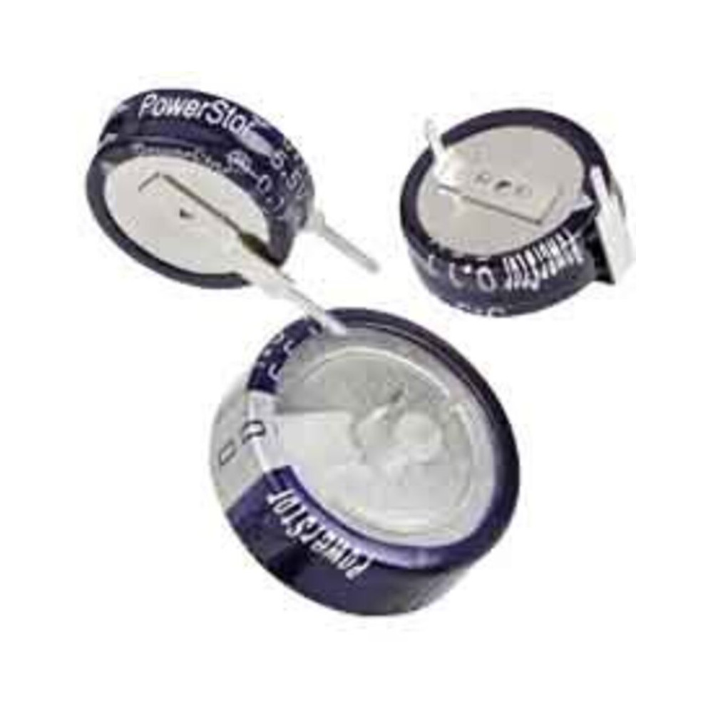 Supercondensateur, 0.22F, 5.5V c.c., Traversant, 13.5 (Dia.) x 6.5mm, pas de 5mm, -25 °C +70 °C.