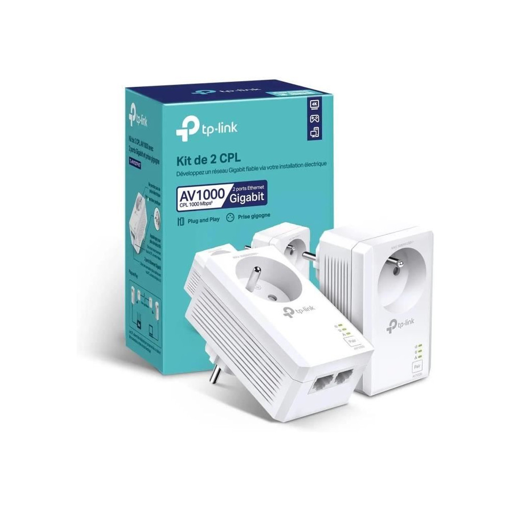 CPL 1000 Mbps - TP-Link TL-PA7027P KIT(FR) - Prise CPL avec 2 Ports Ethernet Gigabit et Prise Intégrée - Boitier CPL Kit de 2