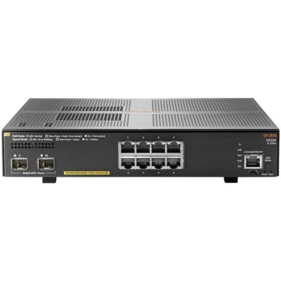 HPE ARUBA Commutateur 2930F 8G PoE+ 2SFP+ - C3 - Géré - 8 x 10/100/1000 (PoE+) + 2 x 1 gigabit/10 gigabit SFP+ (liaison montan