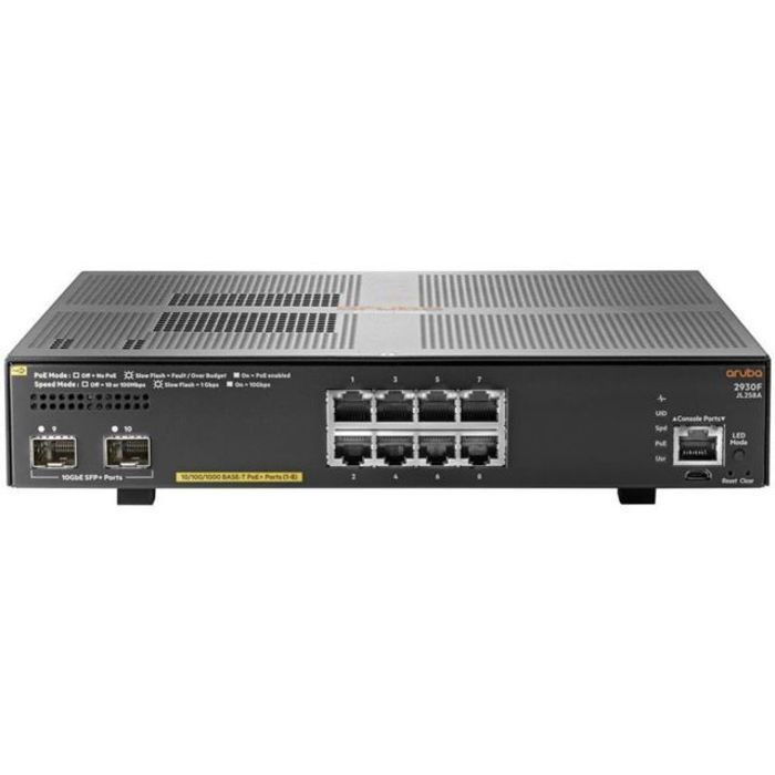 HPE ARUBA Commutateur 2930F 8G PoE+ 2SFP+ - C3 - Géré - 8 x 10/100/1000 (PoE+) + 2 x 1 gigabit/10 gigabit SFP+ (liaison montan