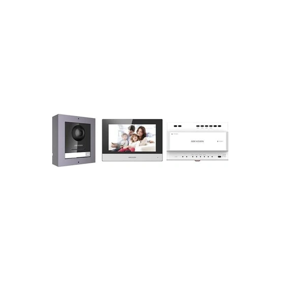 Ensemble complet d'interphone vidéo IP DS-KIS702-F avec DS-KD8003-IME2, DS-KH6320-WTE2, DS-KAD704, DS-KAW60-2N intégrés et carte