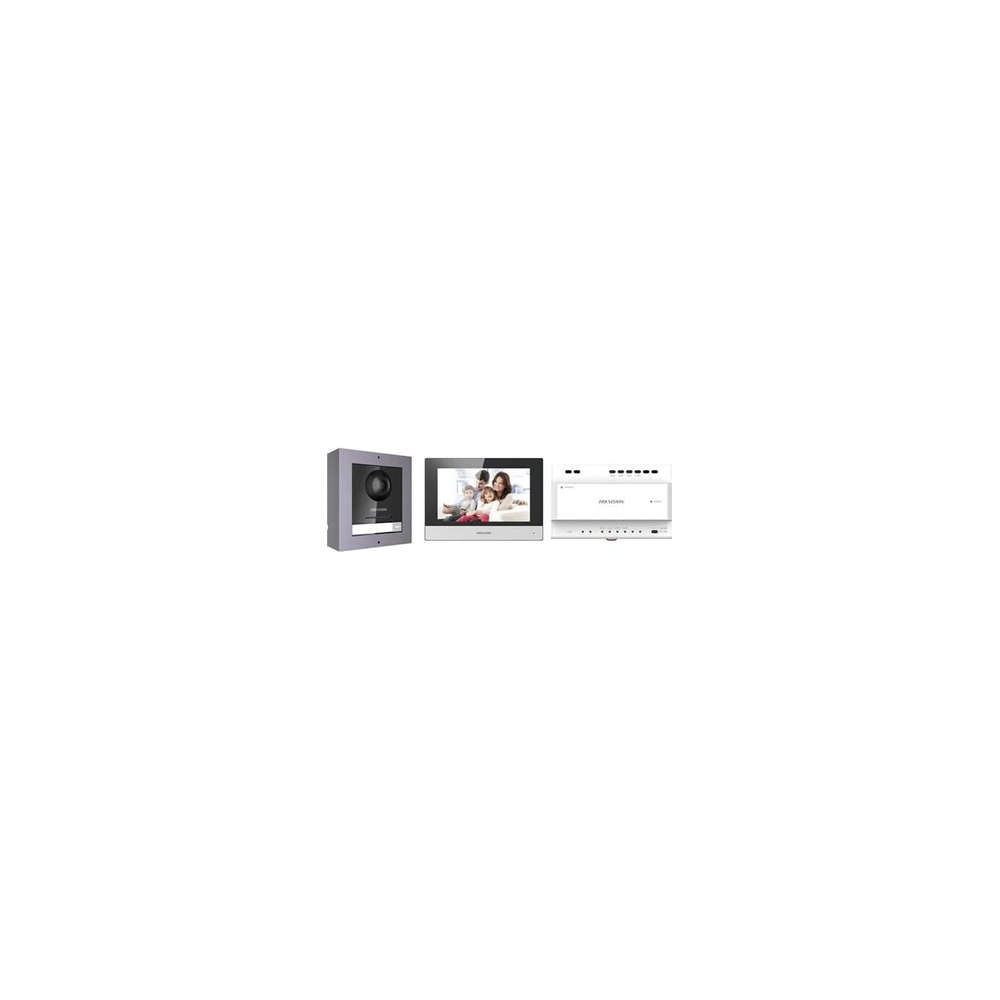 Ensemble complet d'interphone vidéo IP DS-KIS702-F avec DS-KD8003-IME2, DS-KH6320-WTE2, DS-KAD704, DS-KAW60-2N intégrés et carte