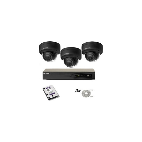 Ensemble comprenant 3 caméras noires DS-2CD2186G2-I 2,8 mm 8 MP, un enregistreur Hikvision et un disque dur Western Digital