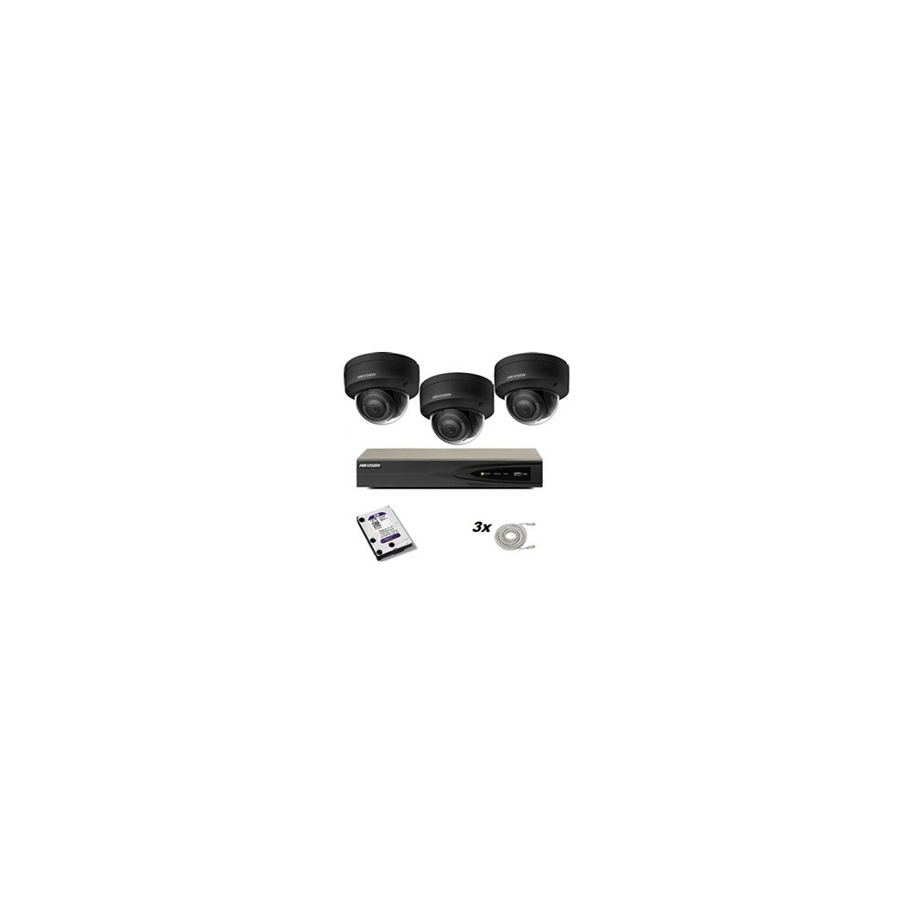 Ensemble comprenant 3 caméras noires DS-2CD2186G2-I 2,8 mm 8 MP, un enregistreur Hikvision et un disque dur Western Digital