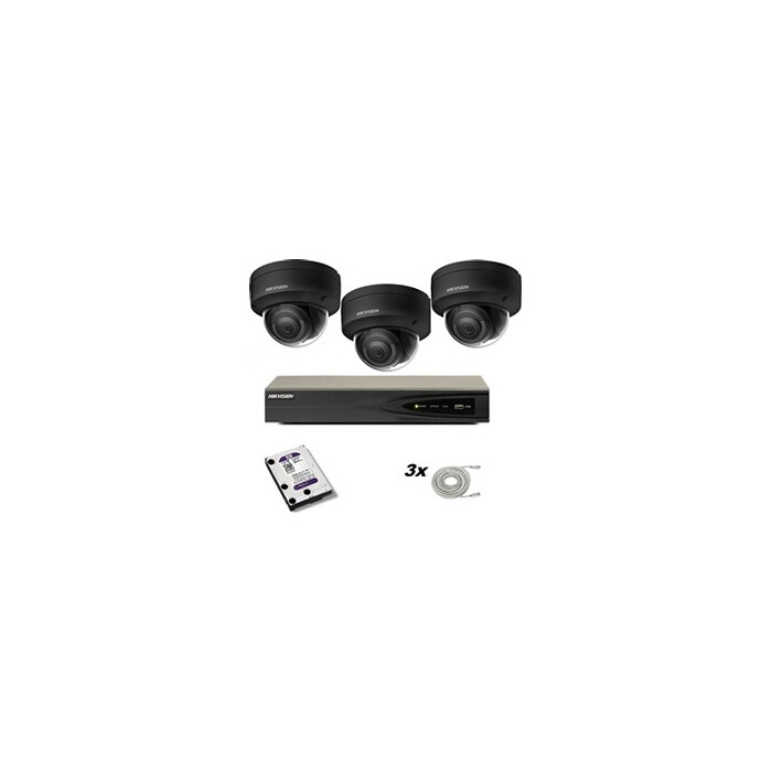 Ensemble comprenant 3 caméras noires DS-2CD2186G2-I 2,8 mm 8 MP, un enregistreur Hikvision et un disque dur Western Digital
