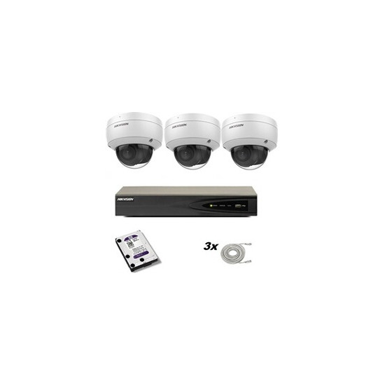 Ensemble de caméras avec 3 caméras DS-2CD2136G0-IU 2,8 mm 8 mégapixels de 8 mégapixels, enregistreur Hikvision et disque dur Wes