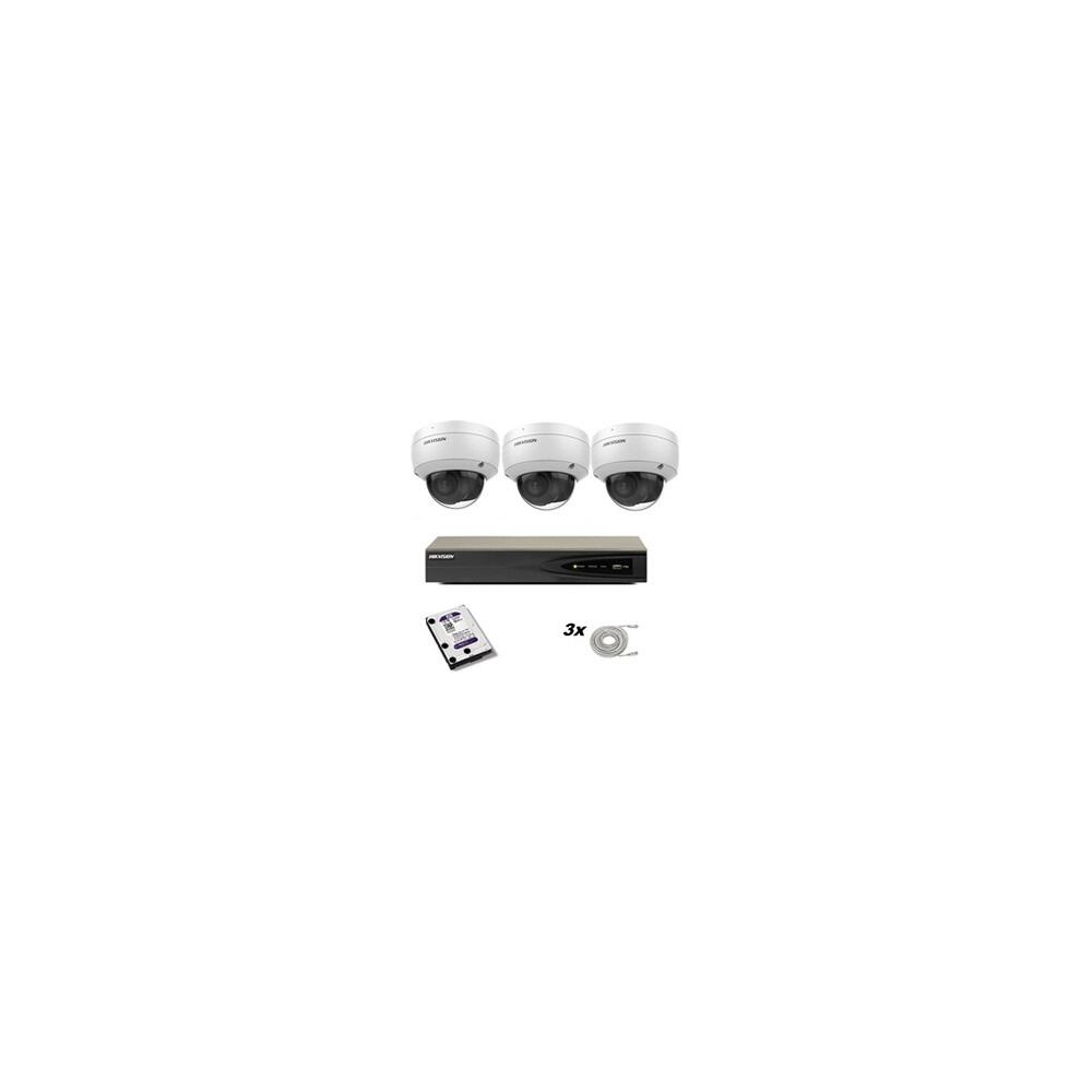 Ensemble de caméras avec 3 caméras DS-2CD2136G0-IU 2,8 mm 8 mégapixels de 8 mégapixels, enregistreur Hikvision et disque dur Wes