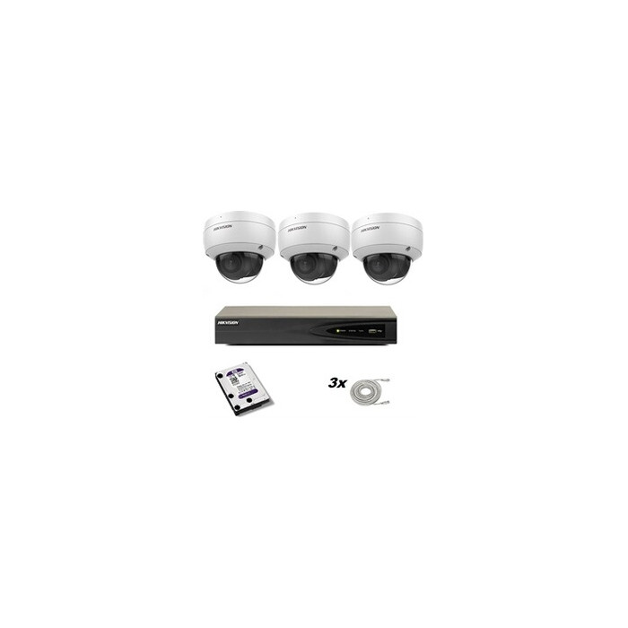 Ensemble de caméras avec 3 caméras DS-2CD2136G0-IU 2,8 mm 8 mégapixels de 8 mégapixels, enregistreur Hikvision et disque dur Wes