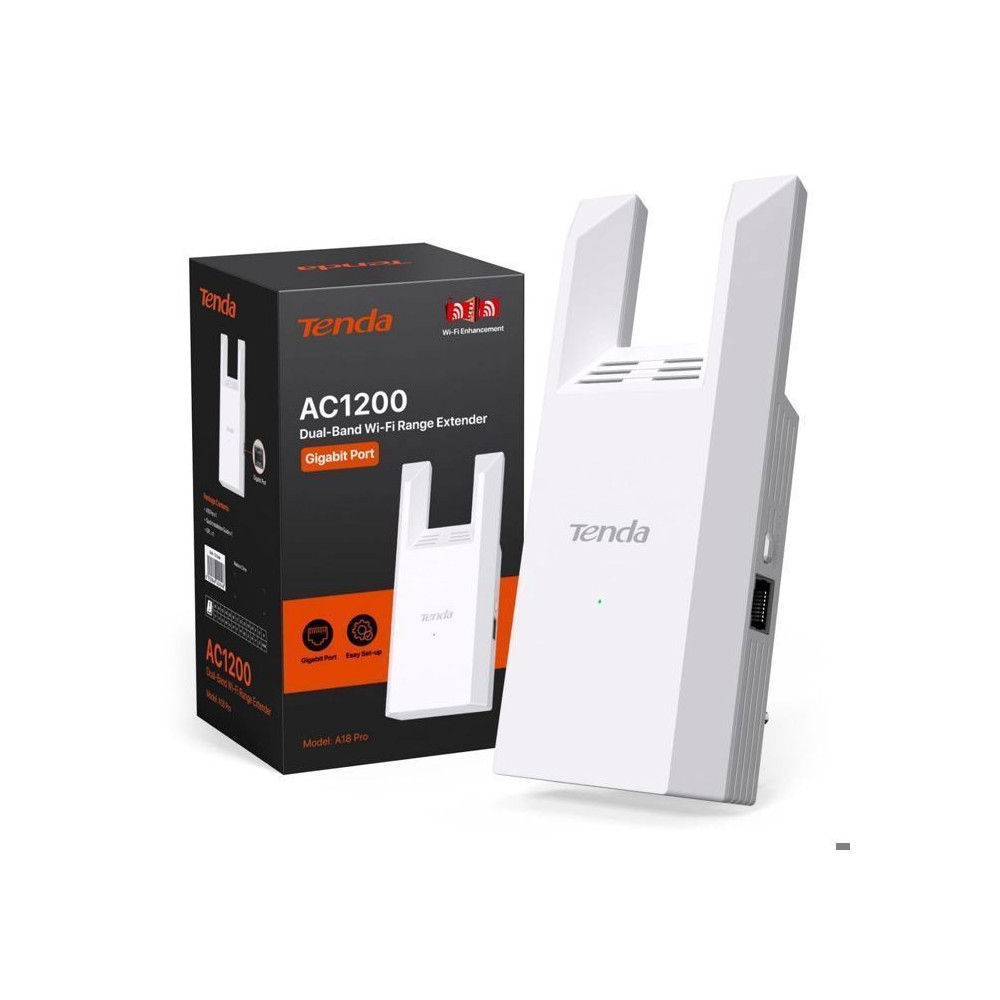 Tenda Répéteur WiFi Puissant A18 Pro Amplificateur AC1200 Mbps(2.4GHz/5GHz) Port Ethernet Gigabit Couverture jusqu' 150 m¬