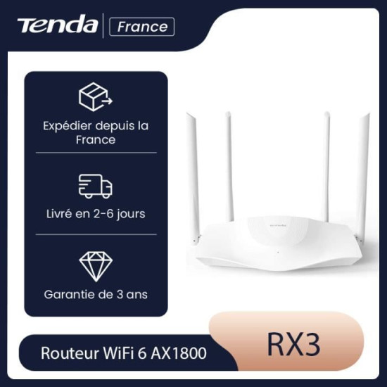 TENDA Routeur WiFi 6 AX1800 Dual bande Quad Core Couverture 110m¬≤ Ports Gigabit contrôl parental idéal pour jeux&streaming RX