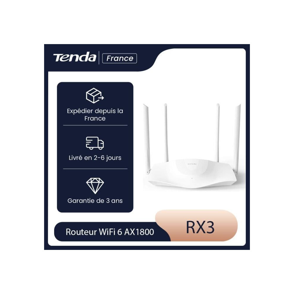TENDA Routeur WiFi 6 AX1800 Dual bande Quad Core Couverture 110m¬≤ Ports Gigabit contrôl parental idéal pour jeux&streaming RX
