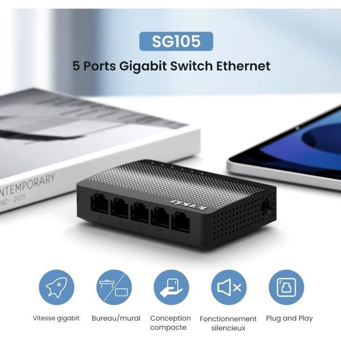 TENDA Switch Ethernet 5 Ports Switch Gigabit 10/100/1000 Mbps - Switch RJ45 Etend le Réseau Câblé Plastique SG105