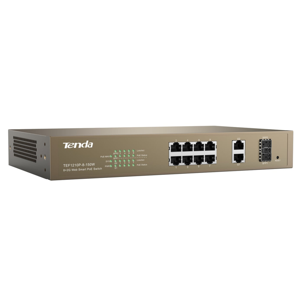 Tenda TEF1210P-8-150W Fast Ethernet (10/100) Connexion Ethernet, supportant l'alimentation via ce port (PoE) Gris - Neuf