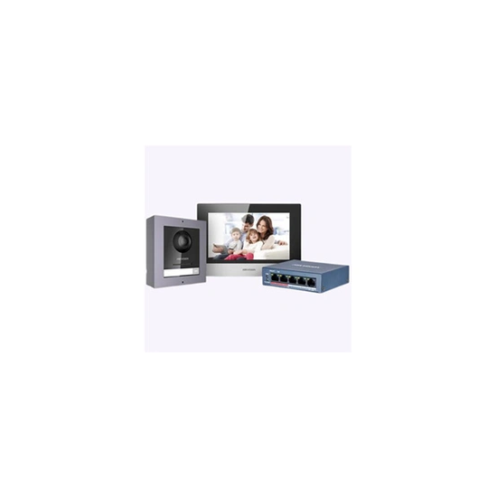 Kit interphone vidéo IP complet DS-KIS602 avec DS-KD8003-IME1, DS-KH6320-WTE1 en saillie, commutateur PoE et carte SD