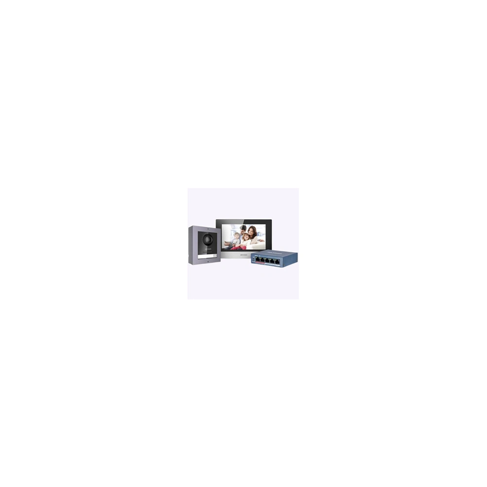 Kit interphone vidéo IP complet DS-KIS602 avec DS-KD8003-IME1, DS-KH6320-WTE1 en saillie, commutateur PoE et carte SD