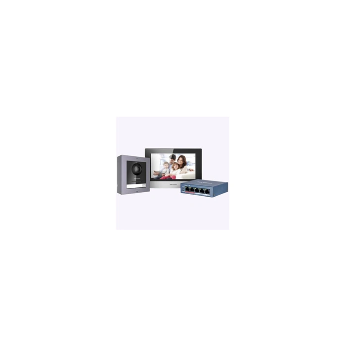 Kit interphone vidéo IP complet DS-KIS602 avec DS-KD8003-IME1, DS-KH6320-WTE1 en saillie, commutateur PoE et carte SD